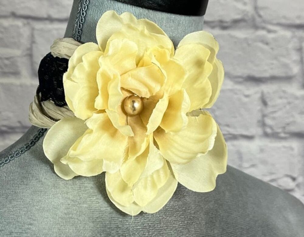 Handmade Shabby Chic Cottagecore Choker Necklace with Offset Large Cream Flower